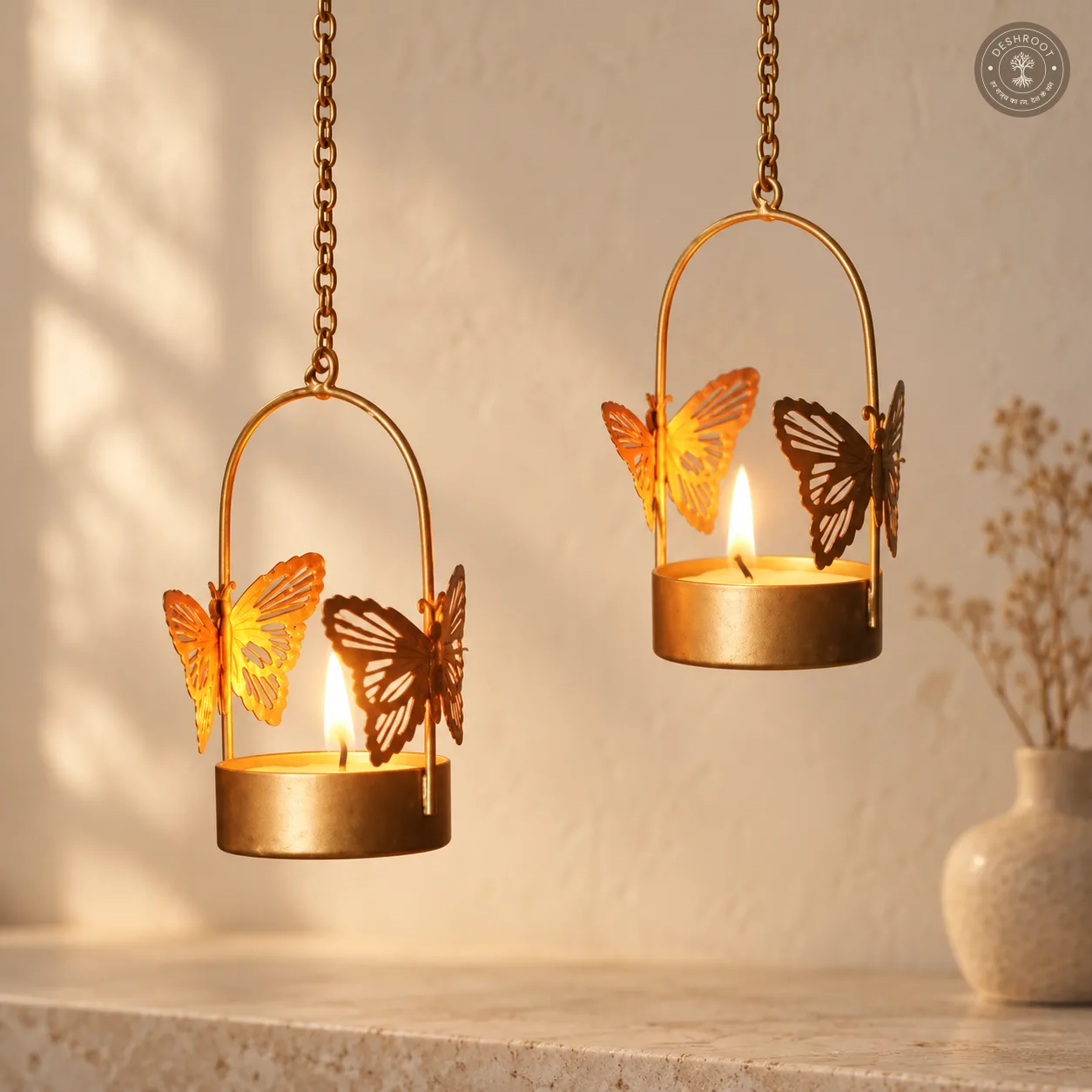 Golden Butterfly Hanging Tealight Candle Holders - Set of 6