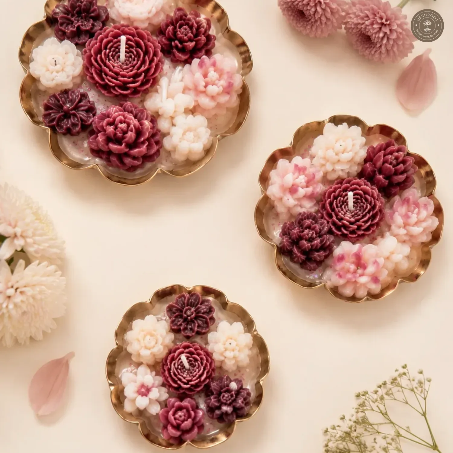 Handcrafted Floral Urli Candle Set of 3
