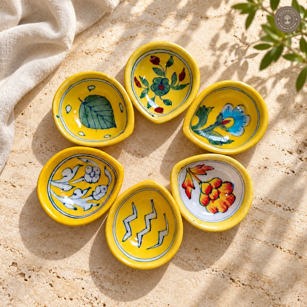 Handcrafted Yellow Ceramic Diya Set of 6 – Multicolour Floral and Botanical Hand-Painted Oil Lamps
