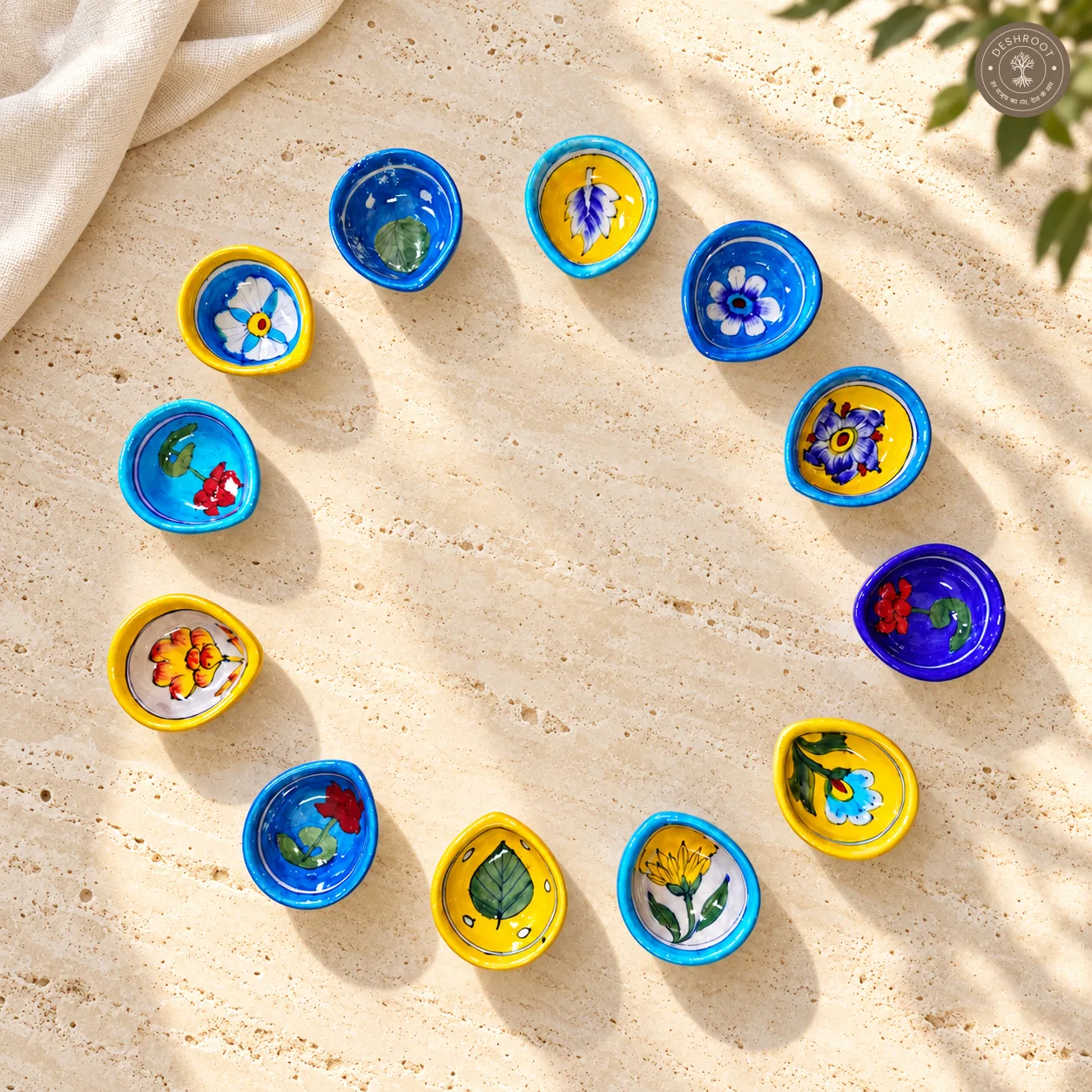 Handcrafted Multicolour Floral Ceramic Diya Set of 12 – Hand-Painted Blue and Yellow Decorative Oil Diyas
