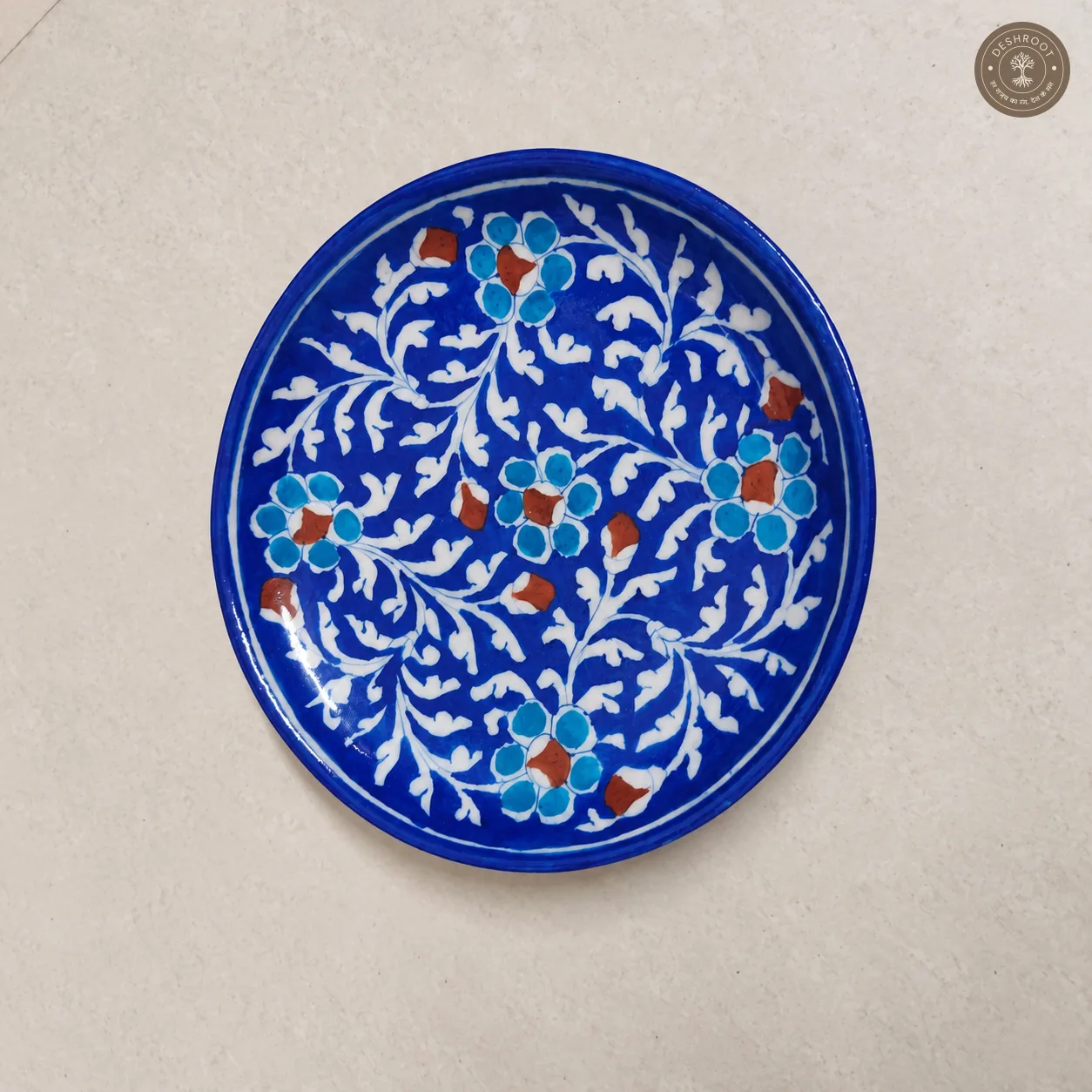 Handcrafted Blue Floral Decorative Ceramic Plate