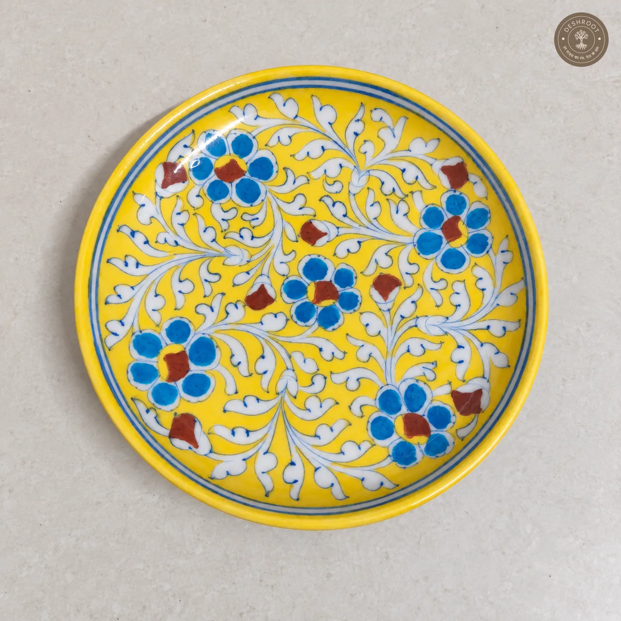 Handcrafted Yellow Floral Decorative Plate with Blue and White Botanical Artwork