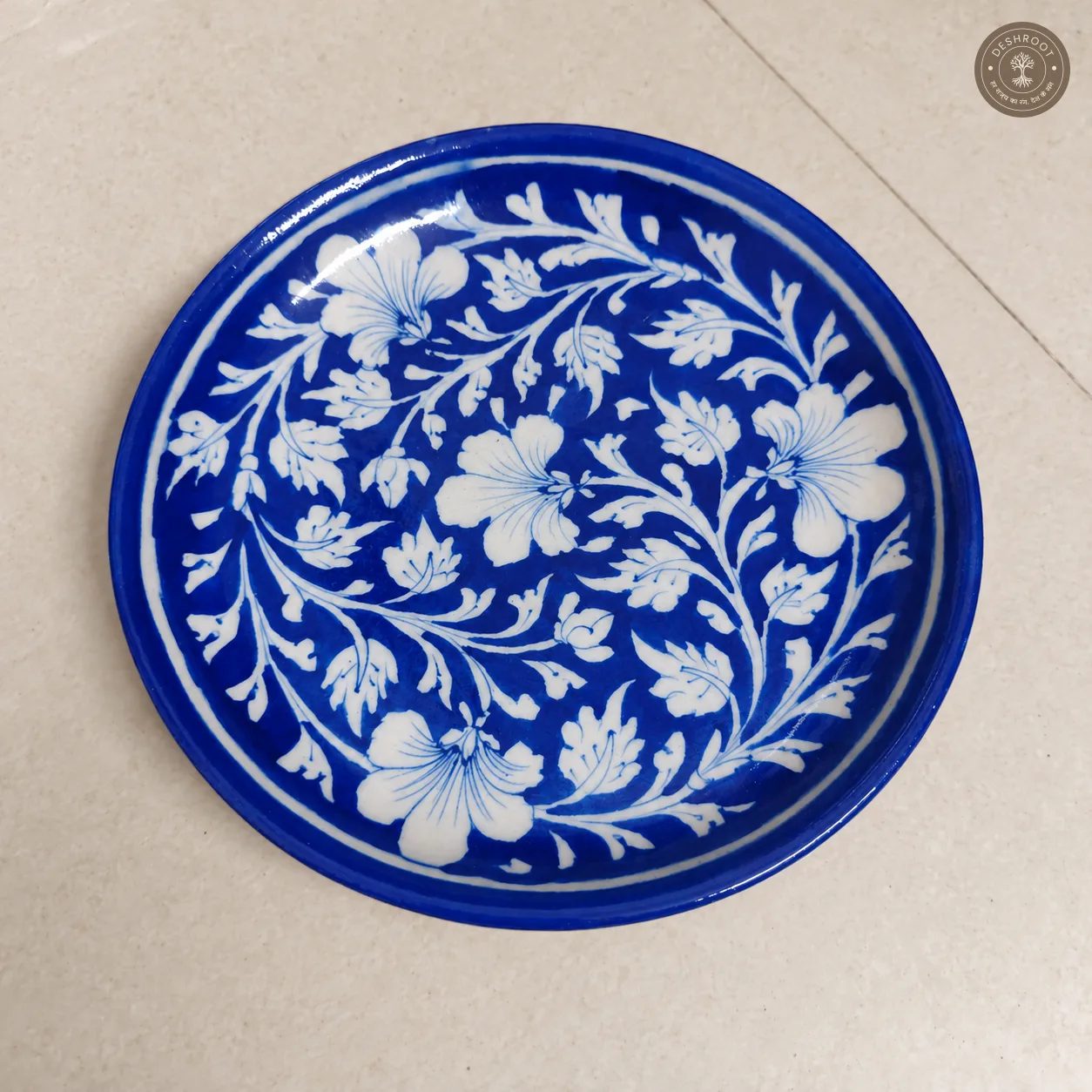 Handcrafted Royal Blue and White Floral Decorative Plate