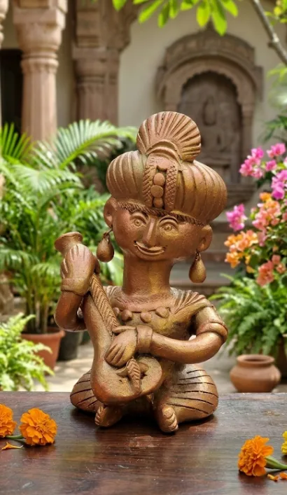 Handcrafted Terracotta Musician Figurine with Veena